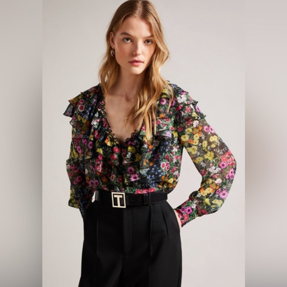 Ted Baker Amell Black Floral Frilled V Neck Long Sleeved Blouse Size 2 (4-6, S)